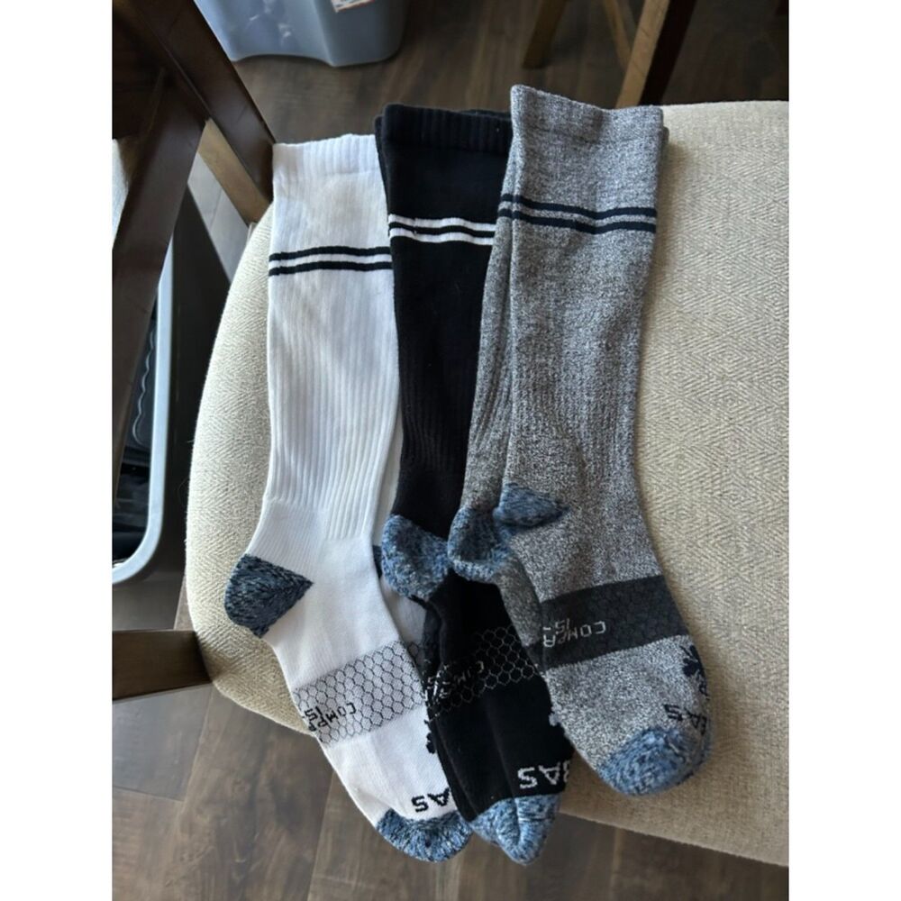 Bombas Knee High Socks Lot of 3 White Black Gray Striped Performance